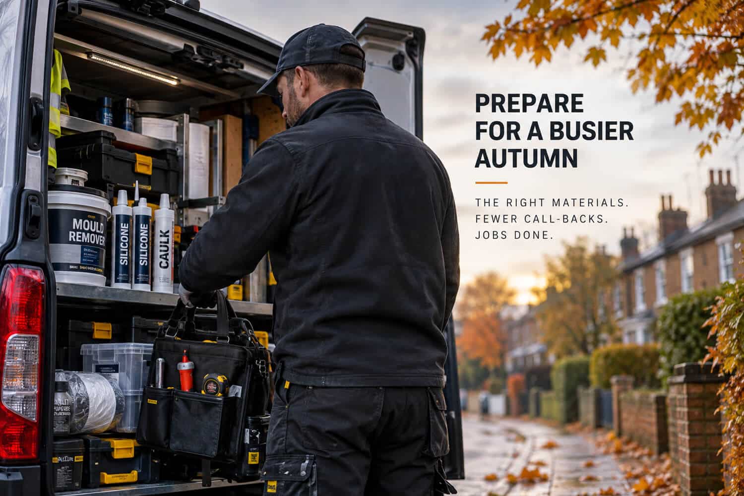 Contractor with van stocked with supplies to manage seasonal autumn property maintenance jobs 0001