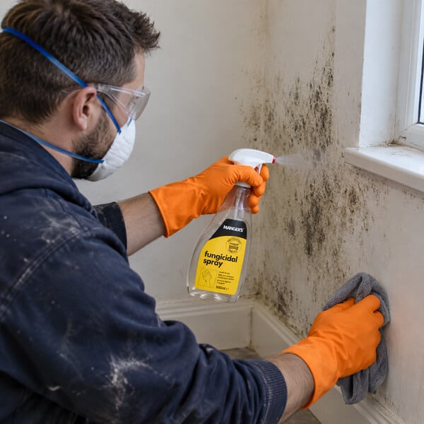 Multi Trades Contractor Using Fungicidal Spray to Clean walls at a job orion trade supples 0002