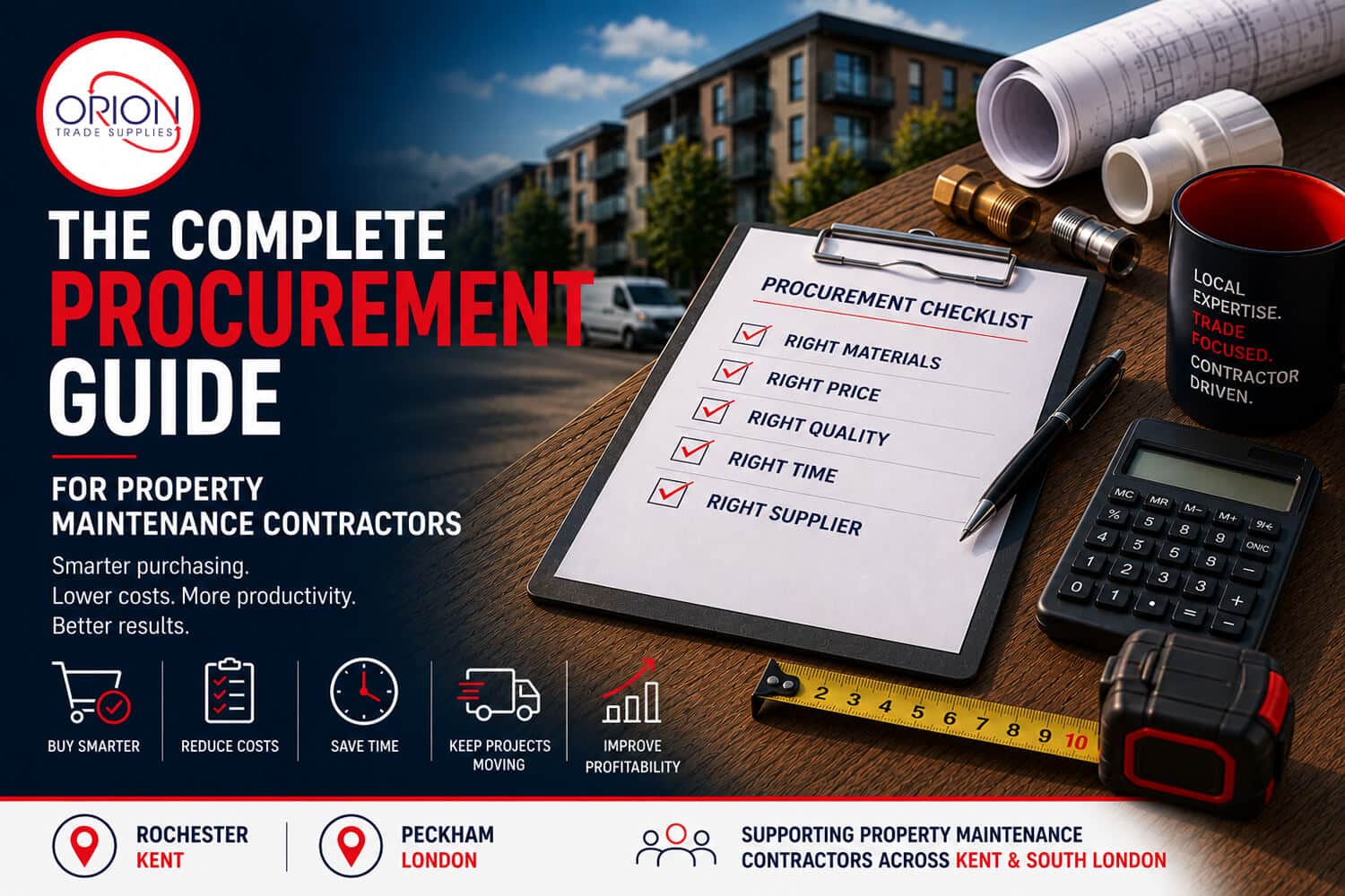 The Complete Procurement Guide Property Maintenance Contractors by Orion Trade Supplies, with trade counters in Rochester, Kent, and Peckham, London.